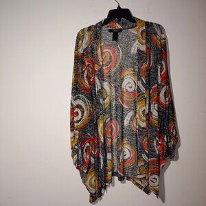 Ali Miles Abstract Print Semi Sheer Mesh Long Roll Tab Sleeves Cardigan Size 3X